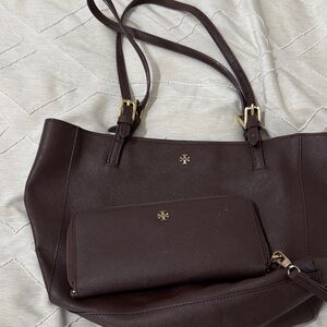 Tory Burch Dark Brown Tote with Gold Accents with matching wallet